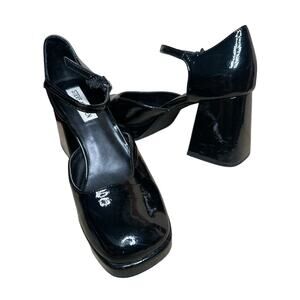 Steve Madden Black Faux Patent Leather Block Heel Mary Jane Shoes 3.25" Heel 8M